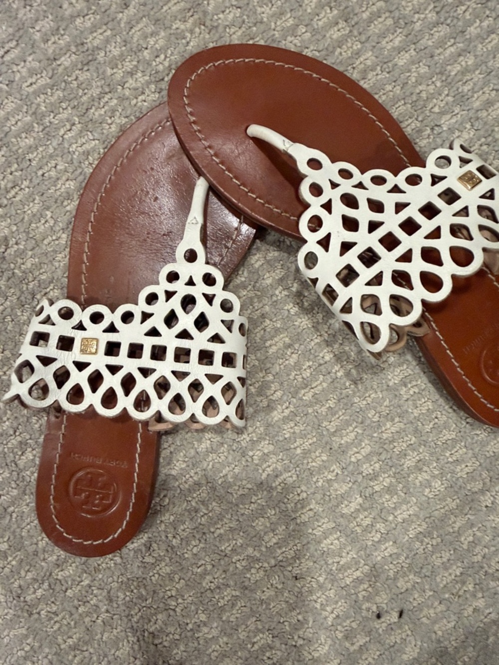 Tory Burch White Laser-Cut Leather Thong Sandals with Brown Footbed